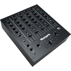 Numark M6 USB black DJ mixer with multiple channels, knobs, and input ports for professional DJ mixing setup.