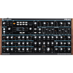 Novation Peak synthesizer with knobs and display, showcasing its professional keyboard and control interface.