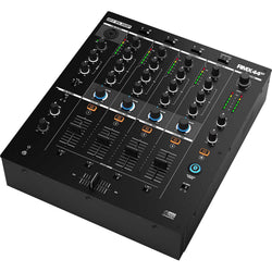 Reloop RMX-44 BT DJ mixer with four channels and sleek design, featuring controls and connections for professional use.