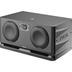 Focal Alpha Twin Evo mid-field main monitors with black speaker cabinets and control panels, designed for professional audio.