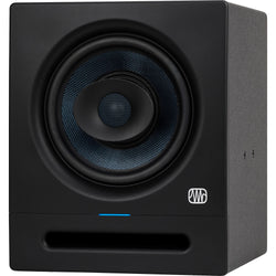 Presonus Eris Pro 8 active nearfield studio monitors shown on a desk with audio equipment, highlighting their sleek black design.