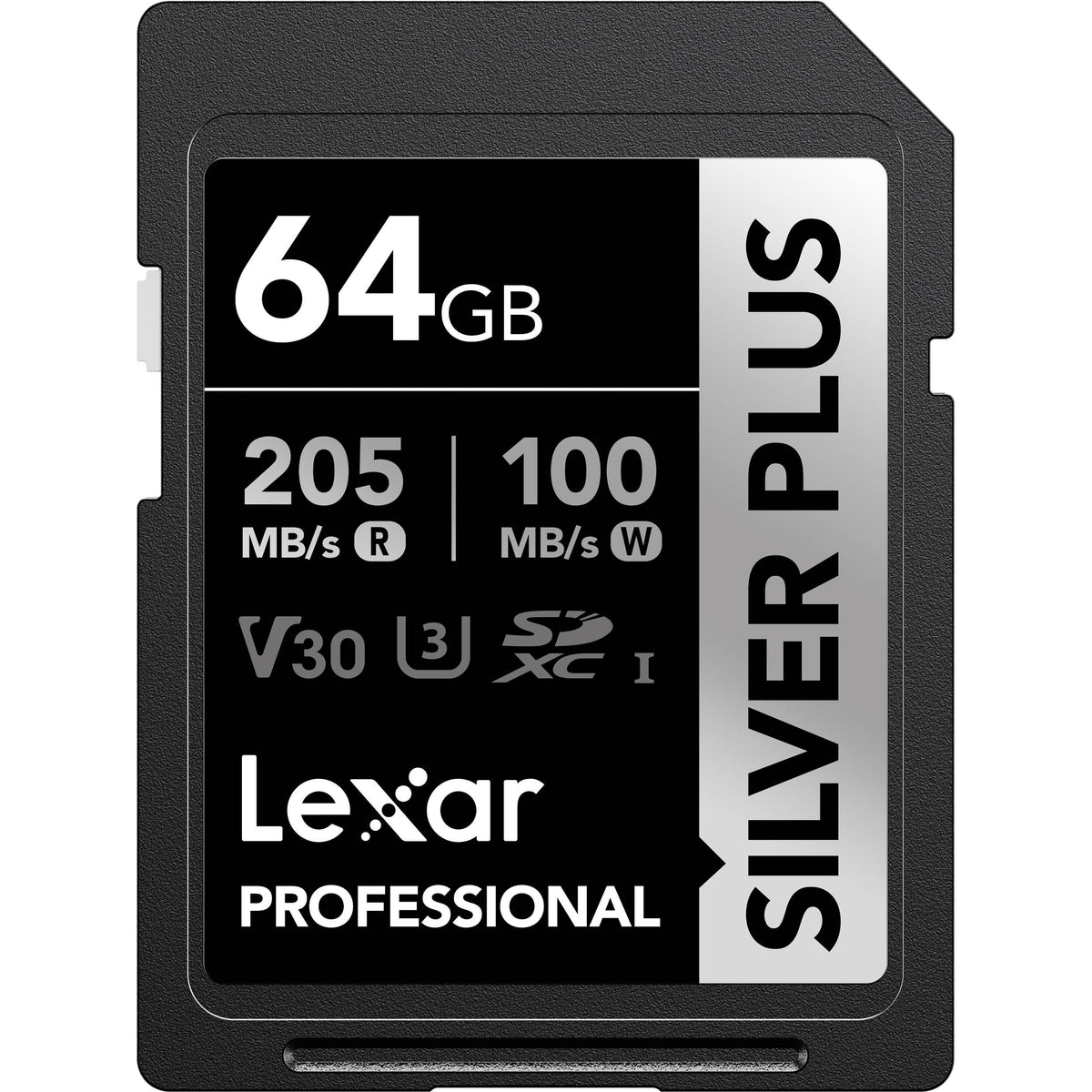 Lexar SDXC Silver Plus 1066X UHS-I U3 memory card with V30 rating, shown with silver label and capacity details.