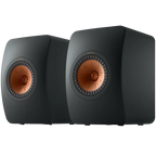 KEF LS50 Meta passive bookshelf speakers with sleek black cabinets and silver drivers, designed for high-quality audio.
