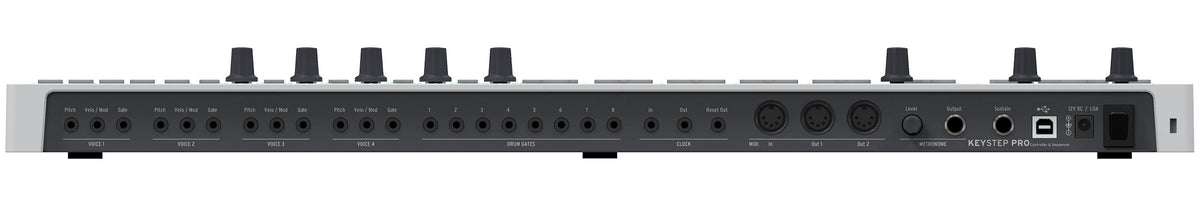 Arturia Keystep Pro sequencer with back view showing control knobs, connectivity ports, and compact keyboard layout.