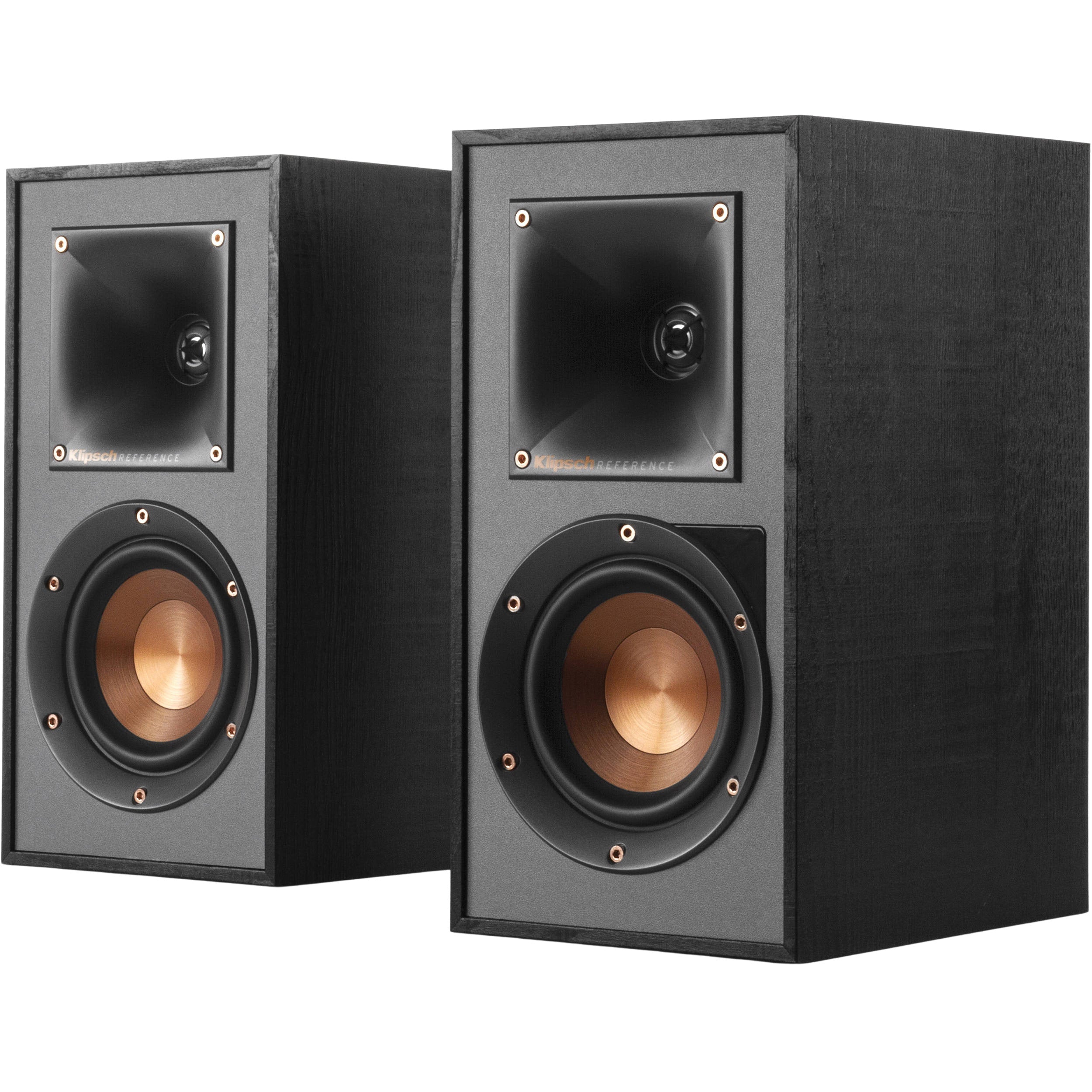 Klipsch R-41PM active bookshelf speakers with wooden cabinets and front-facing controls, designed for high-quality audio.