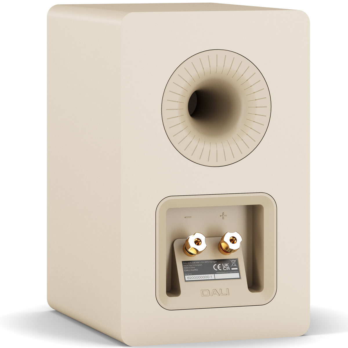 DALI Kupid passive bookshelf speakers with caramel white grill, showcasing their sleek compact design and modern aesthetic.