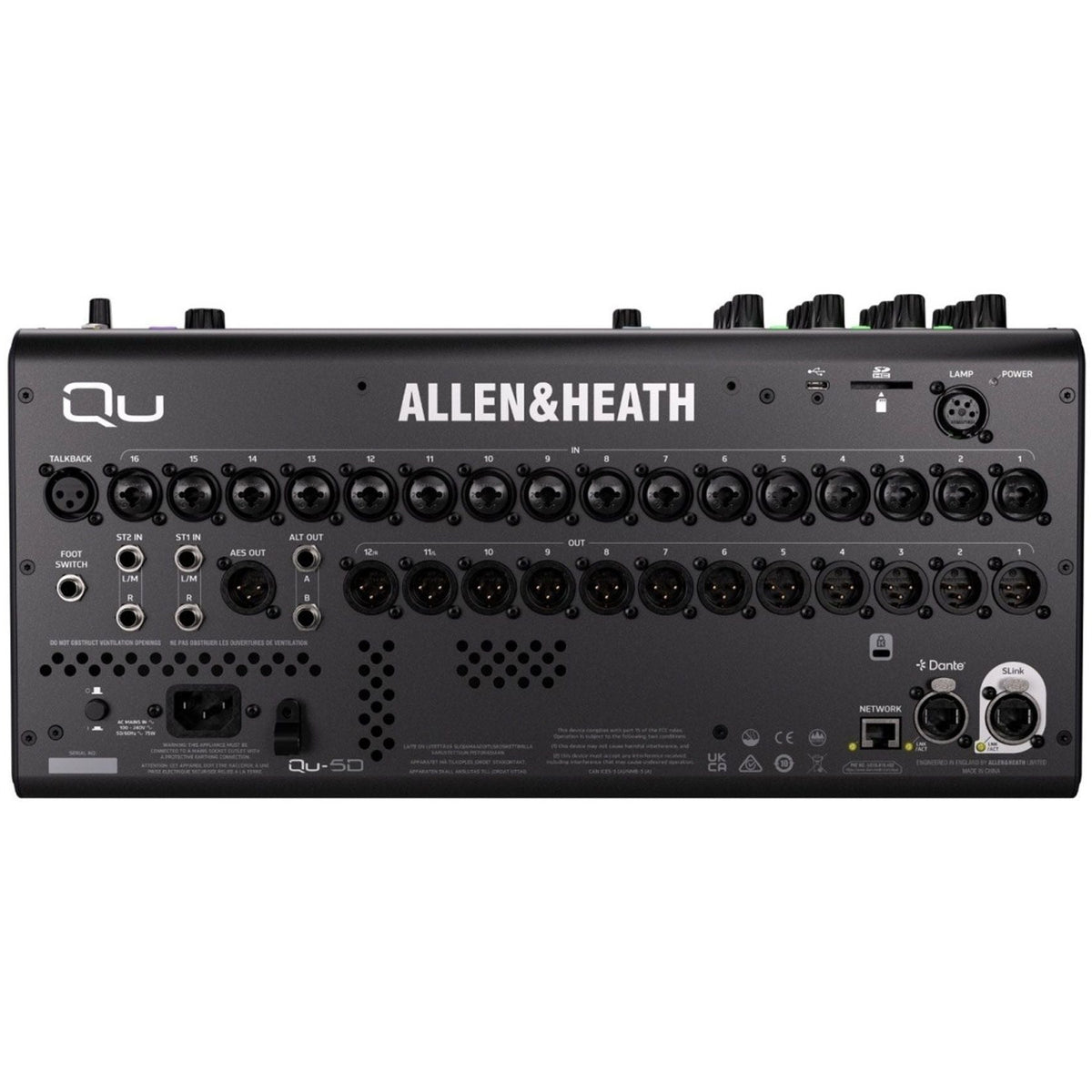 Allen & Heath Qu-5D digital mixer with Dante audio interface, showing rear panel with input and output connections.