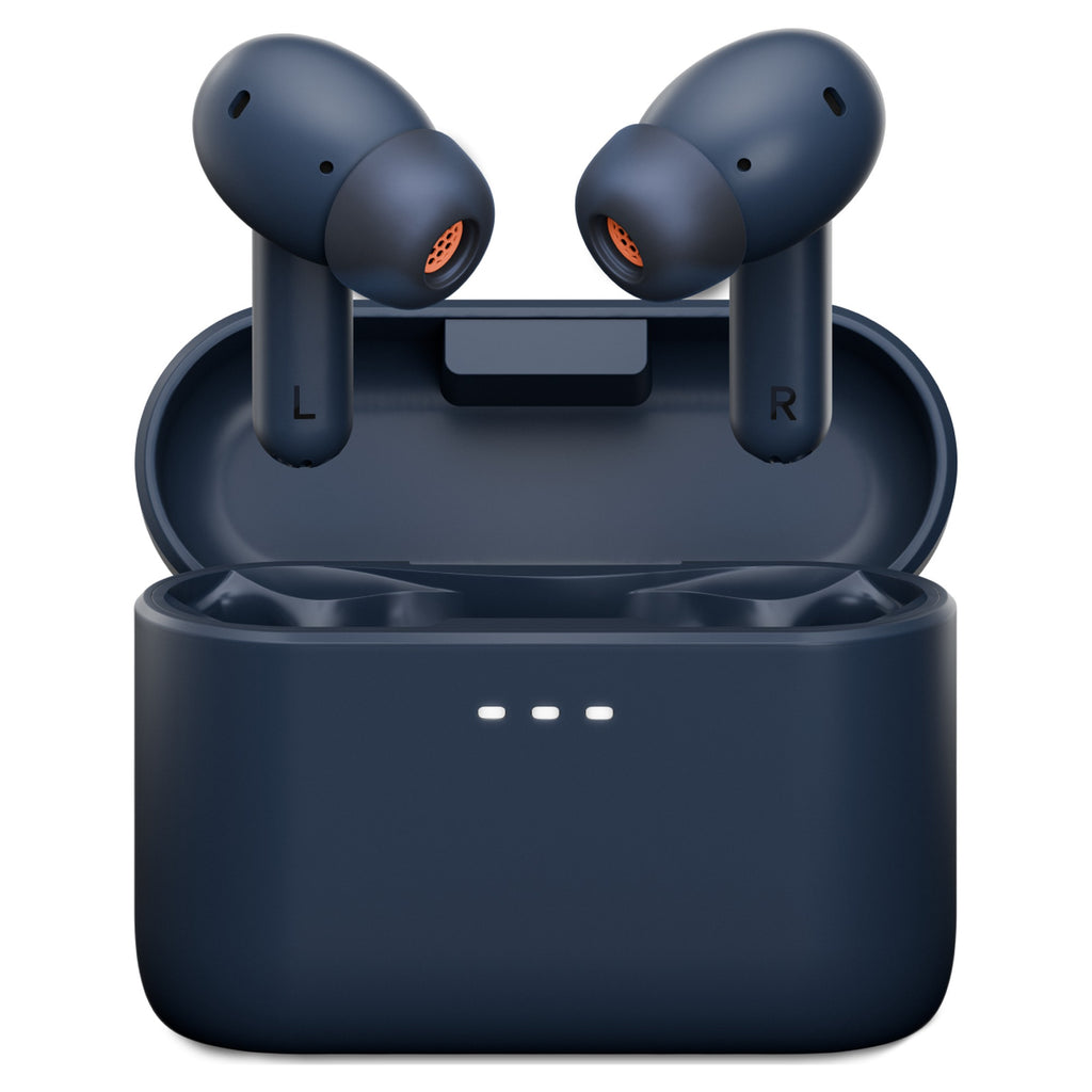 Cambridge Audio Melomania A100 SE earbuds seated in charging case, front view, Blue