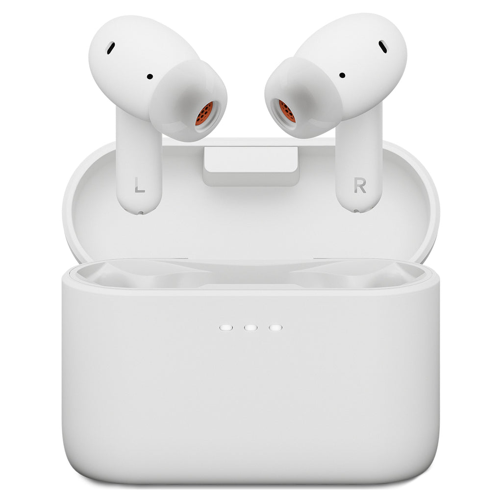 Cambridge Audio Melomania A100 SE earbuds seated in charging case, front view, White