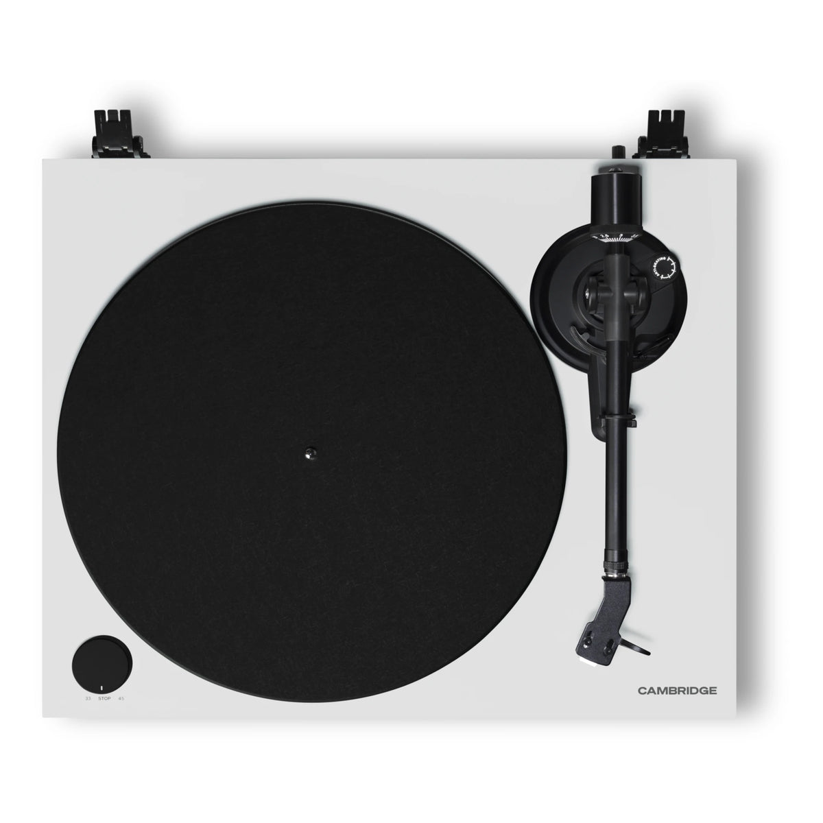Cambridge Audio Spira turntable in White, top-down view of platter and tonearm