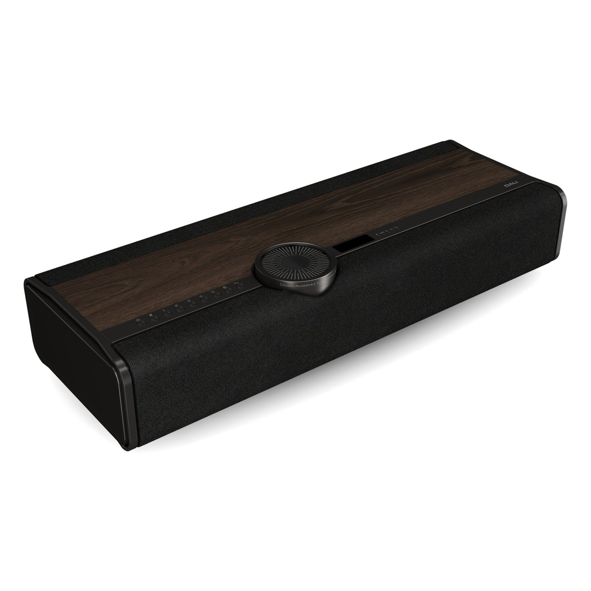 Dali Vega all-in-one wireless hi-fi speaker in Dark Oak, angled view