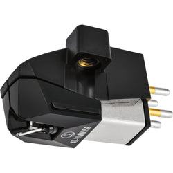 Audio-Technica AT-VM95EBK MM phono cartridge shown from the side, designed for turntables, with detailed stylus and body features.
