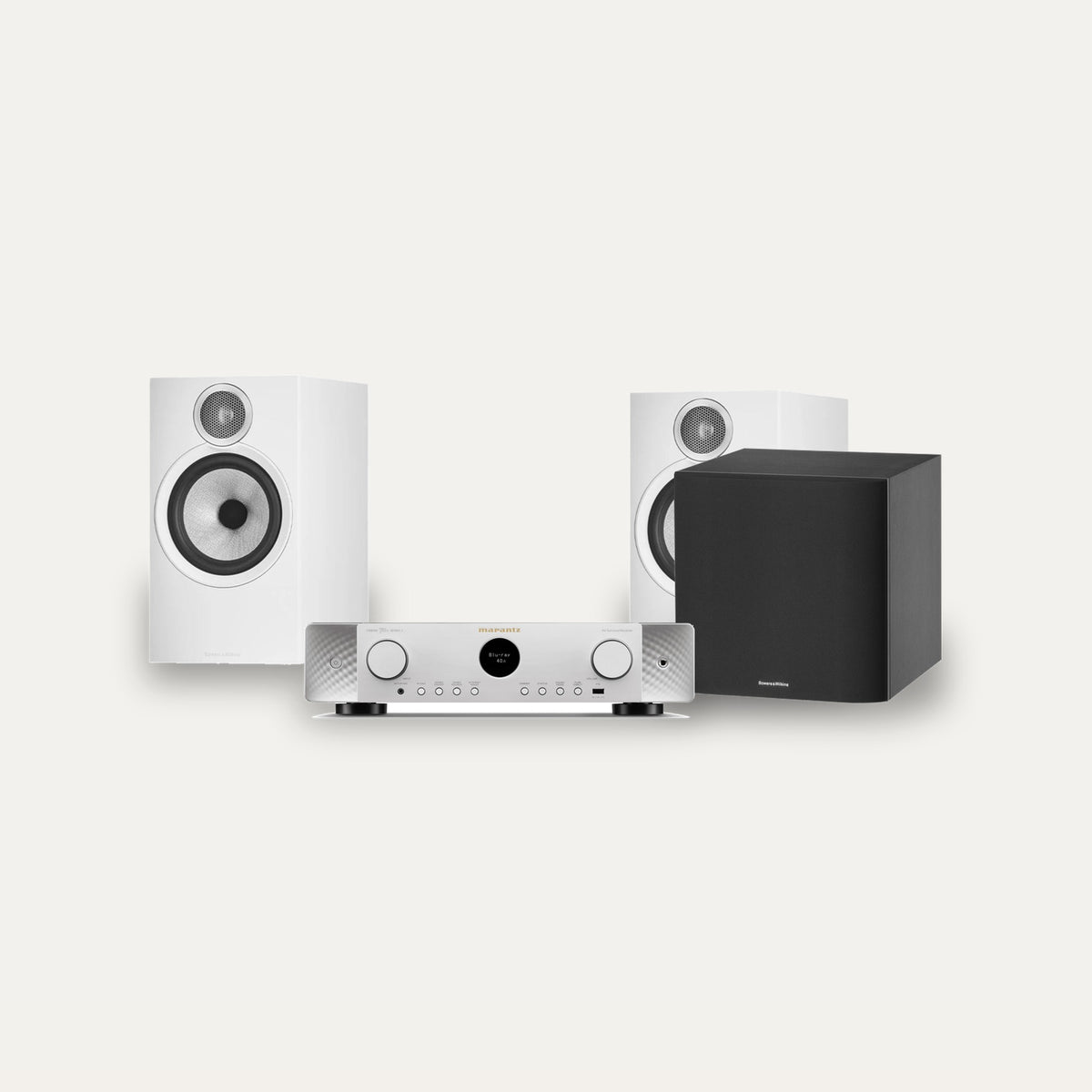 Marantz CINEMA 70s Series 2 + Bowers & Wilkins 606 S3 + ASW608 2.1 Cinema Set – Receiver Finish Silver Gold, Speaker Finish White