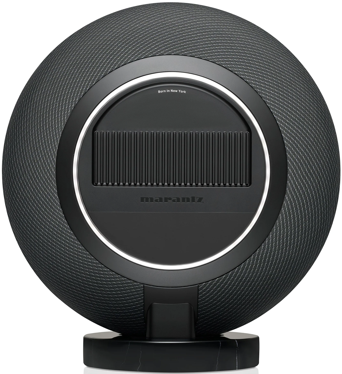 Marantz Horizon Grand wireless speakers in Midnight Sky color, rear view showing ports and sleek modern design.