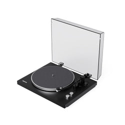 Kanto Audio OBI3 Gen 2 turntable, Black, angled view with dustcover open