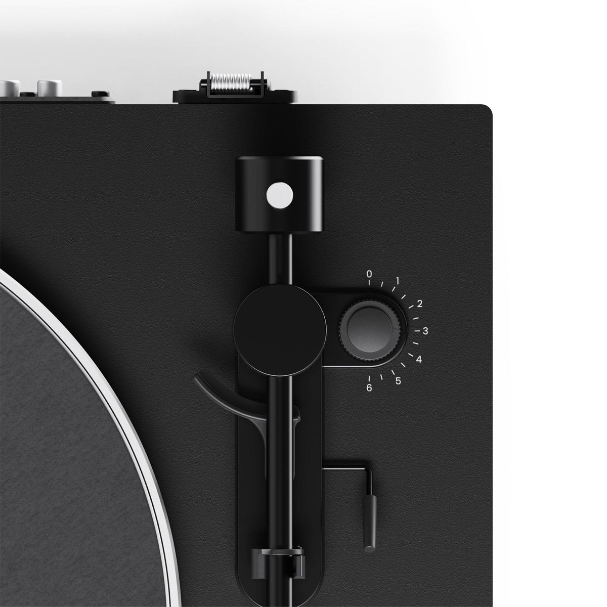 Kanto Audio OBI3 Gen 2 turntable, Black, top view, tonearm and speed controls