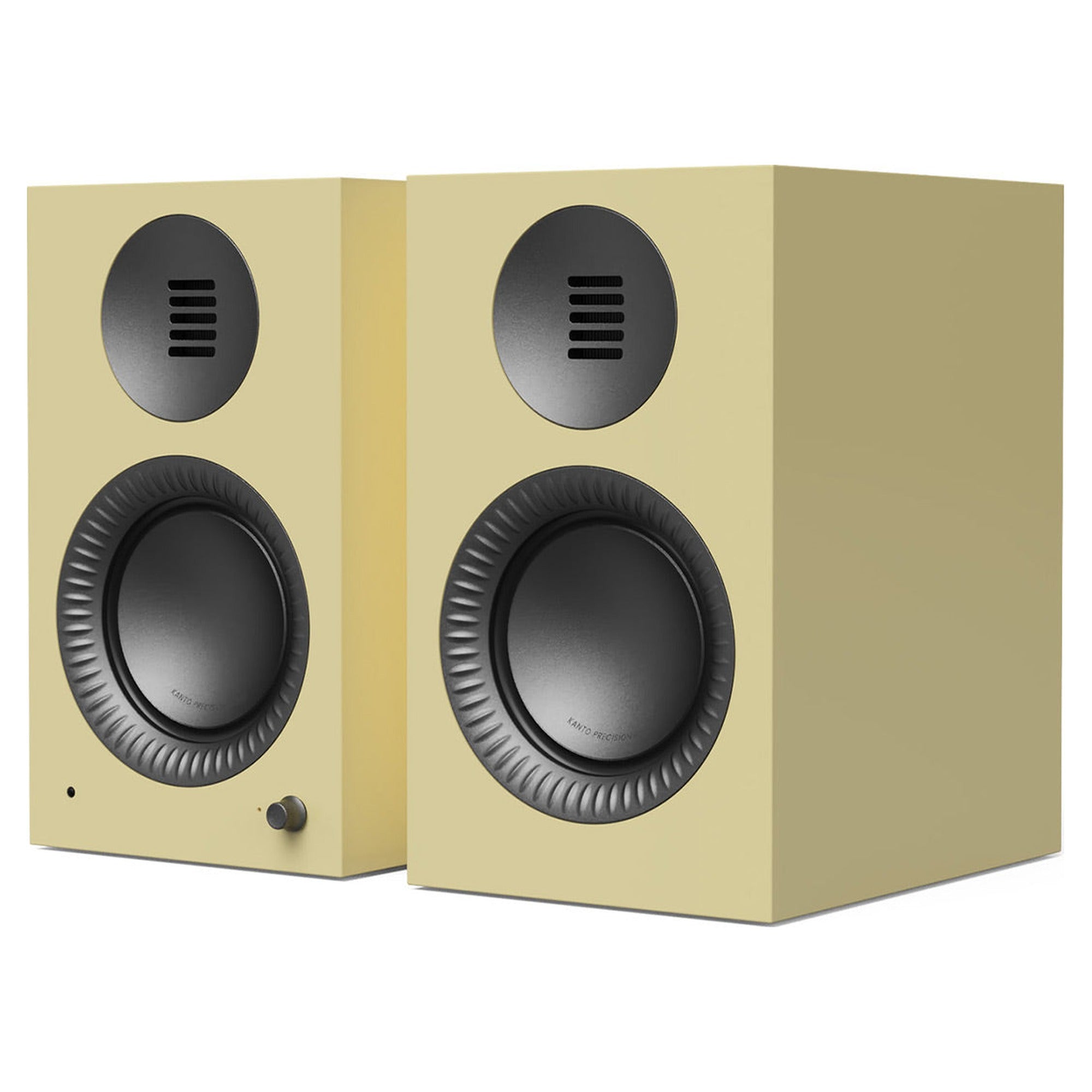 Kanto Audio TUK G2 powered speakers in Gloss Butter with gunmetal waveguides, three-quarter view