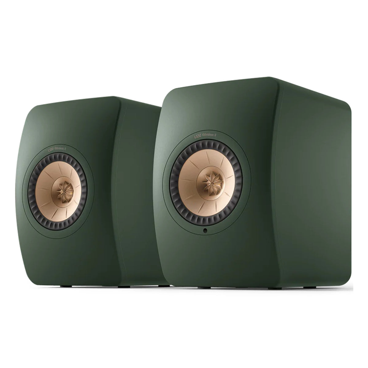 KEF LS50 Wireless II wireless bookshelf speakers with sleek black finish and modern design, featuring front grille and control panel.