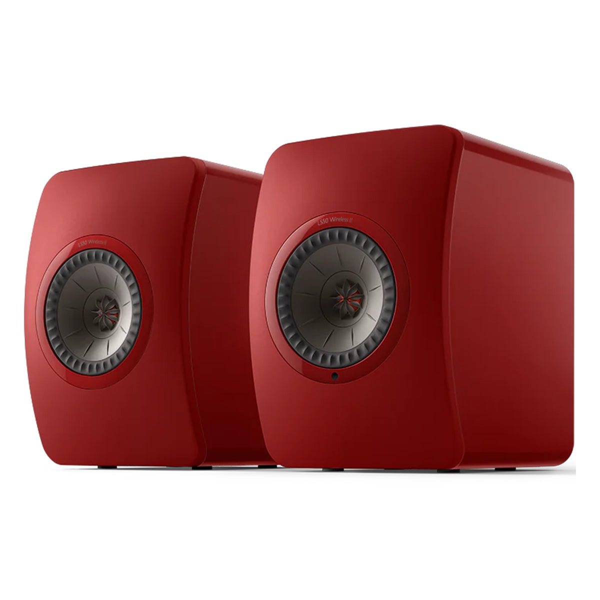 KEF LS50 Wireless II wireless speakers showing sleek black cabinets and modern design with speaker grilles.