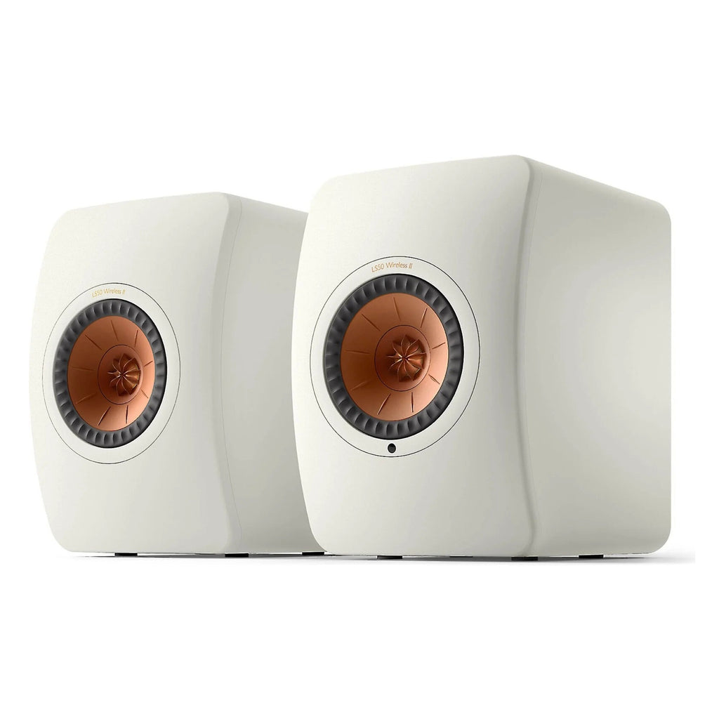 KEF LS50 Wireless II wireless speakers with sleek black finish and modern design, featuring dual drivers and minimalist look.