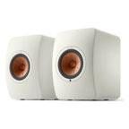 KEF LS50 Wireless II wireless speakers with sleek black finish and modern design, featuring dual drivers and minimalist look.