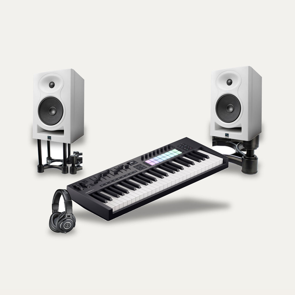 Novation Launchkey 49 MK4 + Kali Audio LP-6 V2 + IsoAcoustics ISO-155 Producer Desk Set – Keyboard Colour Black, Monitor Colour White