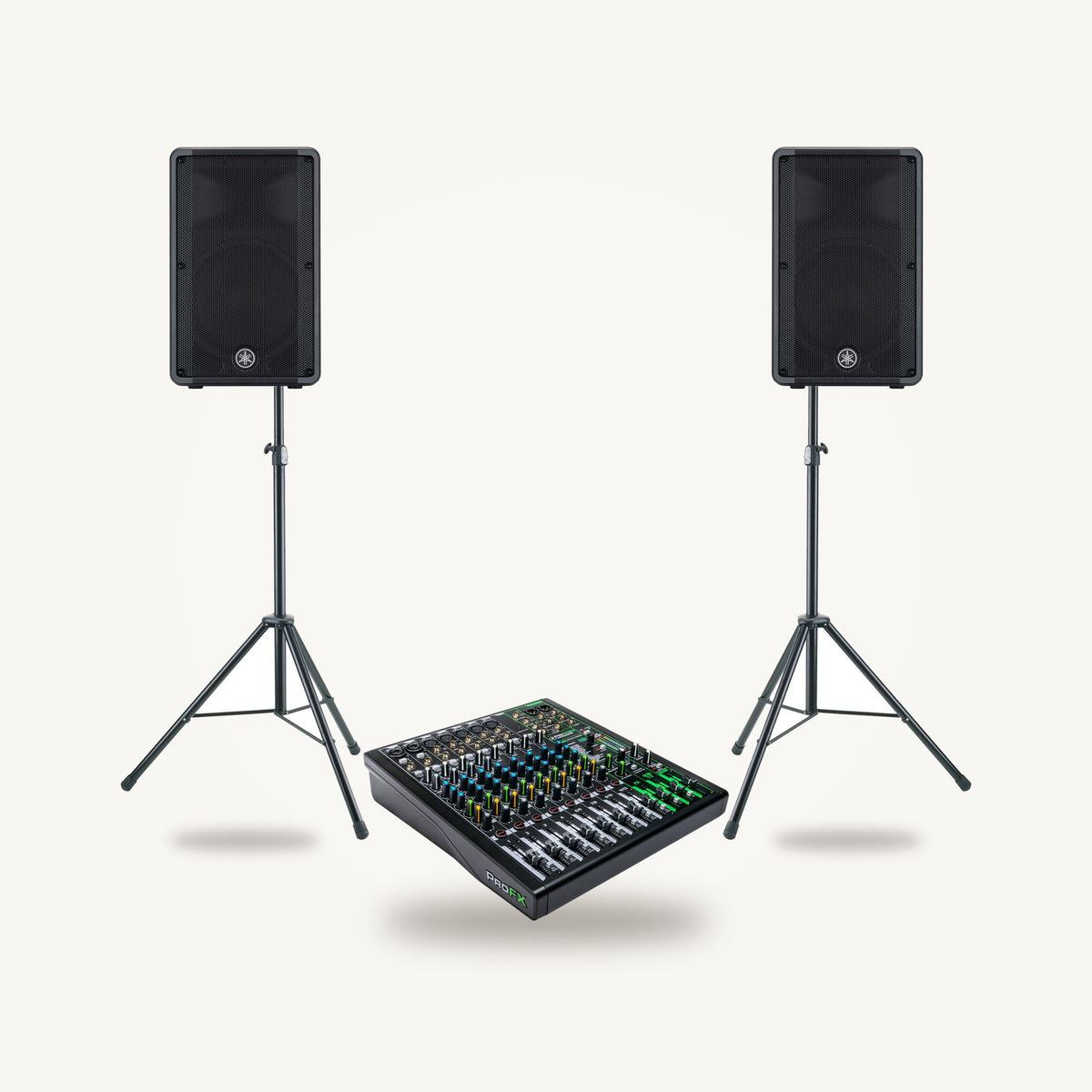 Yamaha DBR12 band PA set: two DBR12 powered speakers on K&M 21435 stands with a Mackie ProFX12v3 mixer