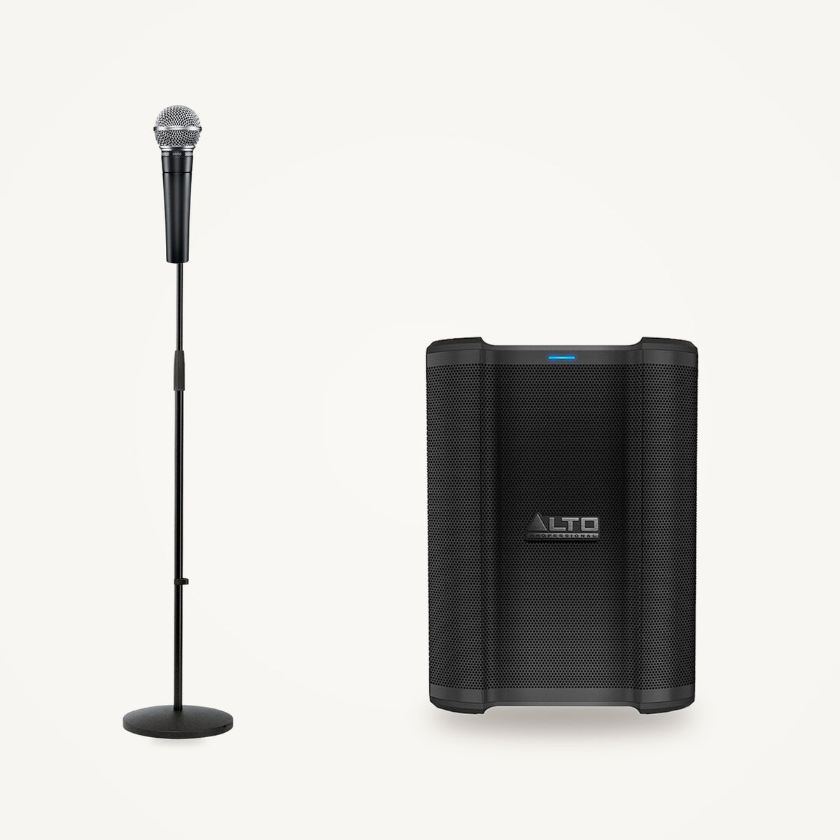 Alto Professional Busker battery PA speaker with a Shure SM58 microphone on a K&M 260/1 stand