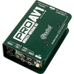 Radial Engineering PROAV1 DI box for professional audio and sound mixing, featuring balanced XLR and 1/4 inch inputs and outputs.