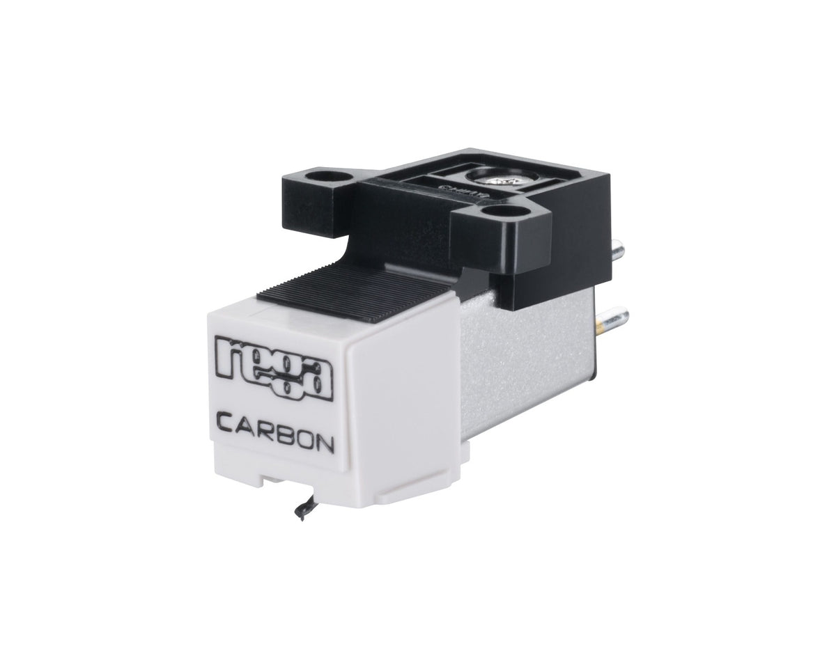 Rega Carbon MM turntable cartridge mounted on a turntable, angled view showing the cartridge's design and stylus.