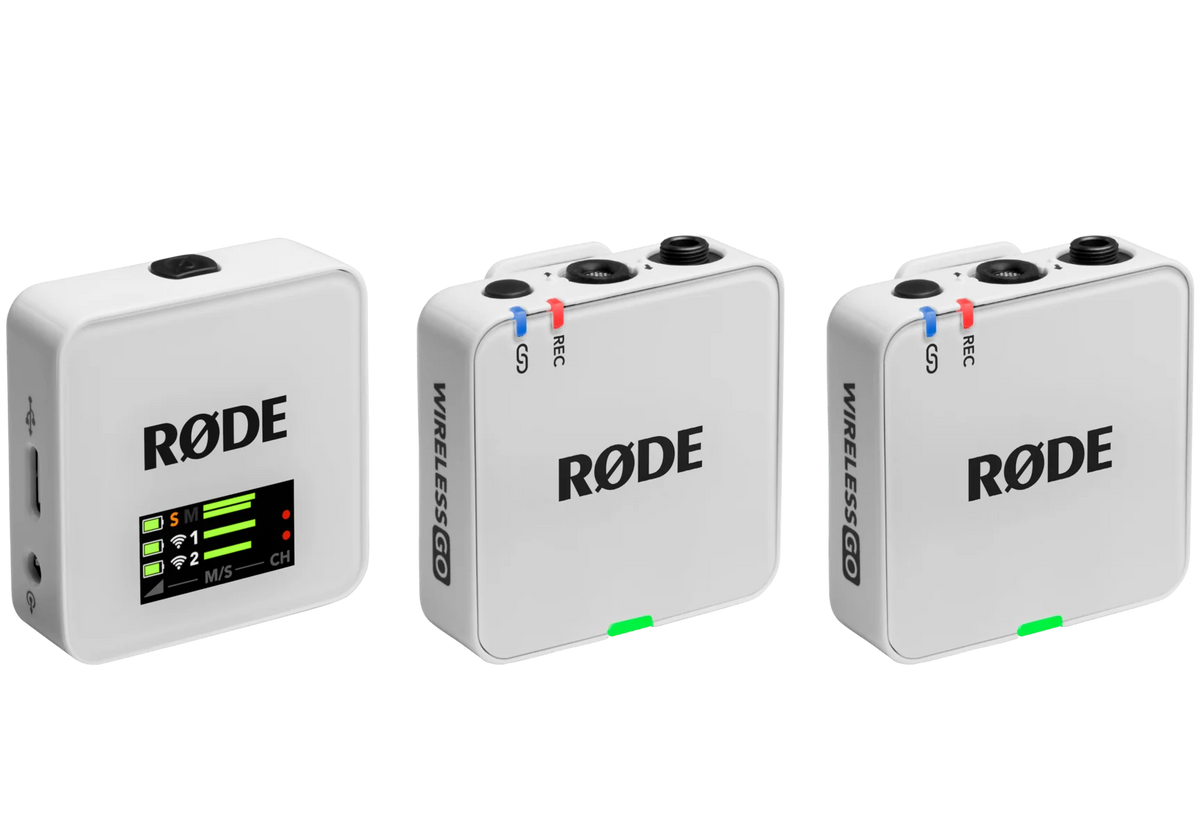 Rode Wireless GO 3 wireless microphone system with compact transmitter and receiver, white front view, three-quarter angle.