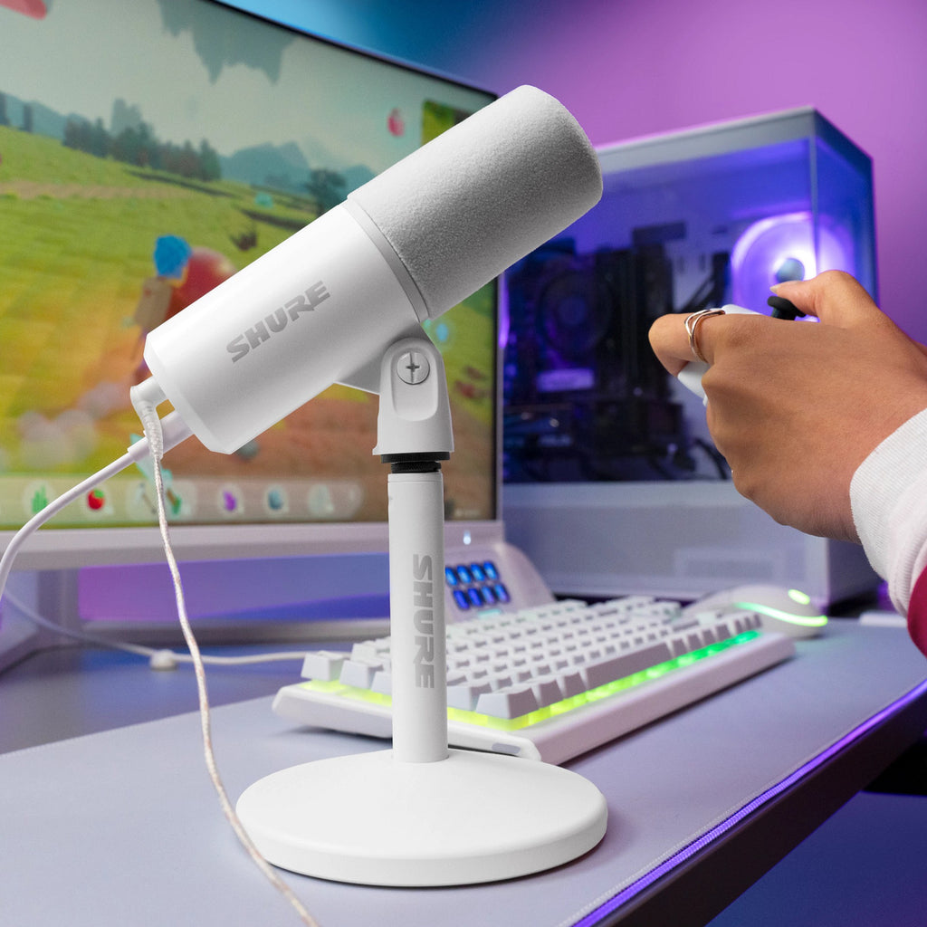 Shure MV6 Gen 2 White, on a white gaming PC setup
