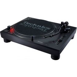 Technics SL-1210MK7 DJ turntable with black platter and tonearm, featuring modern design and high-quality build for professional DJs.
