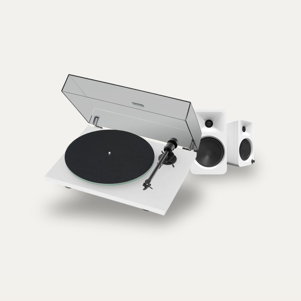 Pro-Ject T1 EVO + Kanto Audio Ora 4 Vinyl Setup – Turntable Finish Satin White, Speaker Finish Matte White