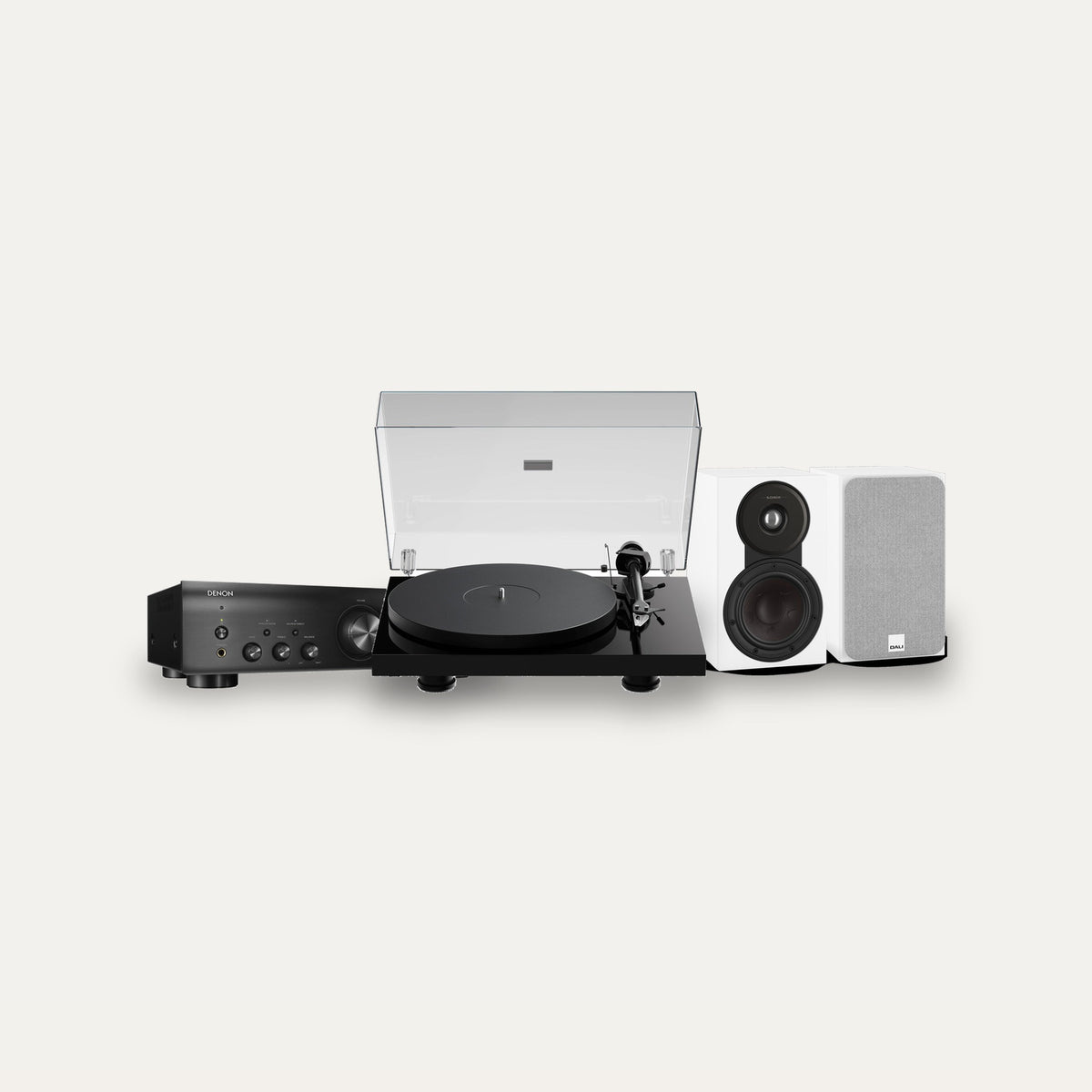 Pro-Ject Debut EVO 2 + Denon PMA-600NE + Dali Sonik 1 Vinyl Hi-Fi System – Turntable Finish Satin Black, Speaker Finish White